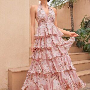 Pink Sexy Halter Backless Chiffon Floral Dress with Ruffles